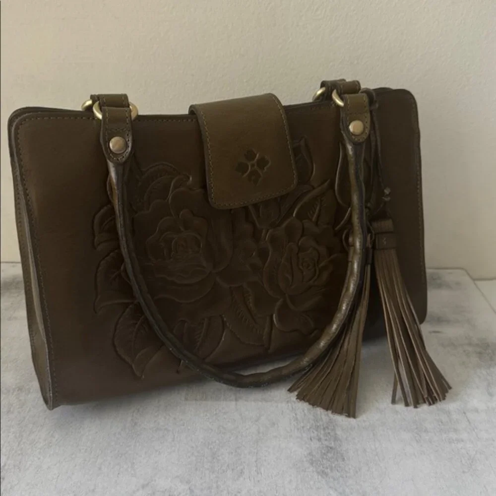 Patricia Nash Rienzo Satchel Vtg Rose Tooled Leather Soft Olive Green W Tassel